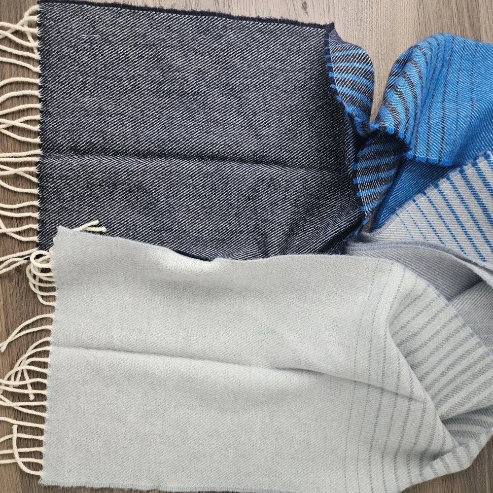 Aran Islands Knitwear Scarf‎ Blue Grey Striped Wool Blend Made in Ireland Fringe